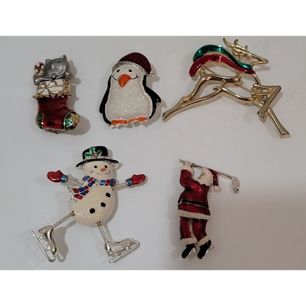 VTG Danecraft 5 Christmas Brooch Snow Man Santa Kittening Stocking Penguin